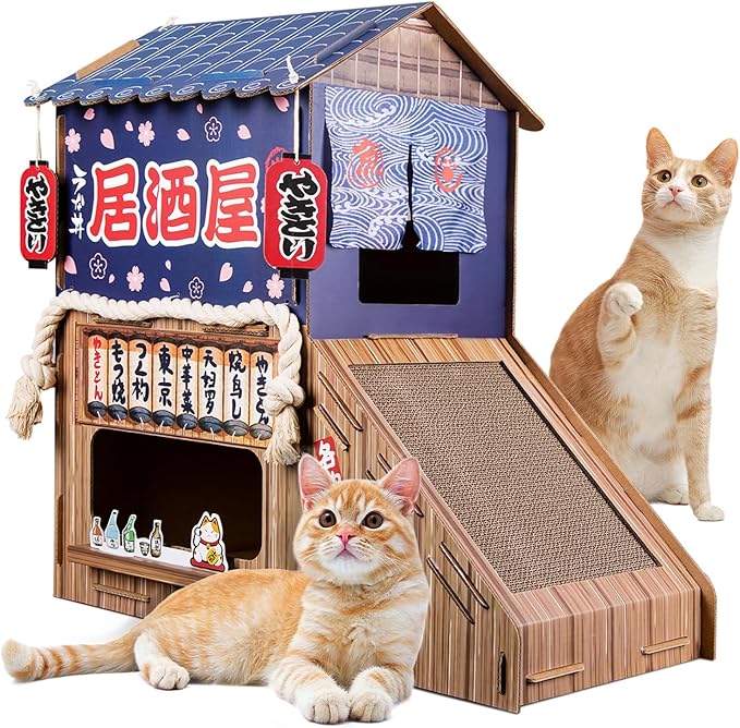 Cardboard Cat House for Indoor Cats,Cat Bed with Cat Toys,Cat Tunnel with Cat Scratching Posts,Large Cat Houses & Condos,Suitable for Kitty of All Weights,29.5inx28.5inx18in.