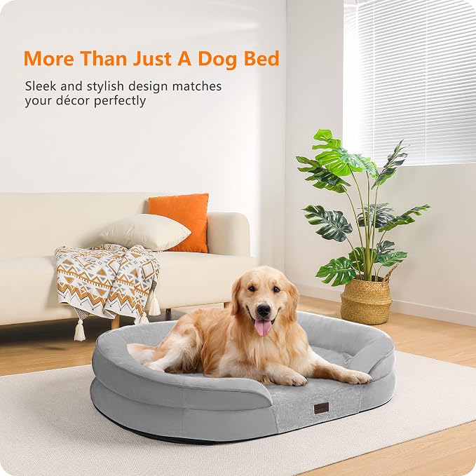 Dwanton Orthopedic Dog Bed for Large Dogs with Gel Memory Foam, Waterproof Dog Sofa, Washable Pet Bed with Four Sided Bolster Cushion, Removable Cover & Non-Slip Bottom, 42", Light Grey