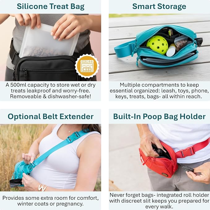 Auntie Sally's Bed & Biscuit Dog Treat Pouch with Belt Extender - Hands-Free Dog Walking Bag with Adjustable Belt, Easy-Clean Silicone Liner, and Multiple Pockets for Training or Travel