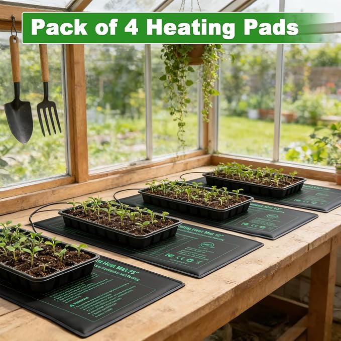 Bestio Waterproof Seeding Heat Mat 10"x 20.75", 4 Pack Durable Heat Mats for Seed Starting, UL & MET-Certified Plant Heating Pad, Indoor Gardening, Greenhouse