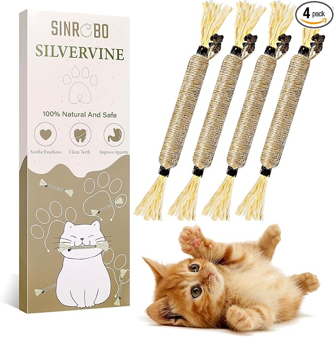 Silvervine Sticks for Cats - Cat Chew Toy for Teeth Cleaning, Edible Matatabi Kitty Chew Sticks, Catnip Cat Toys for Indoor Cats (4, Grey)