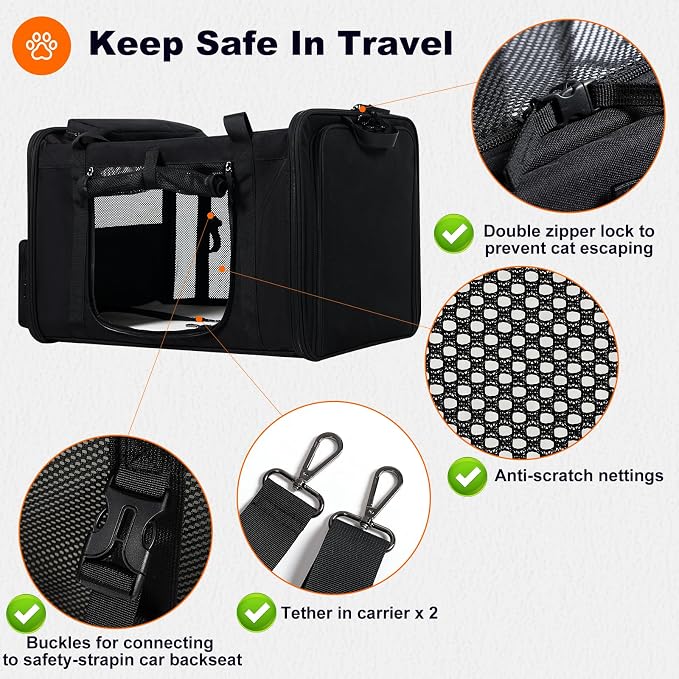 pidipiti 25''(L) x 17''(W) x 17''(H) Extra-Large Expandable cat Carrier for Long Distance car Travel,for 1 Extra-Large cat / 2 Large Cats / 3 Small-Medium Cats up to 35 lbs(Black)