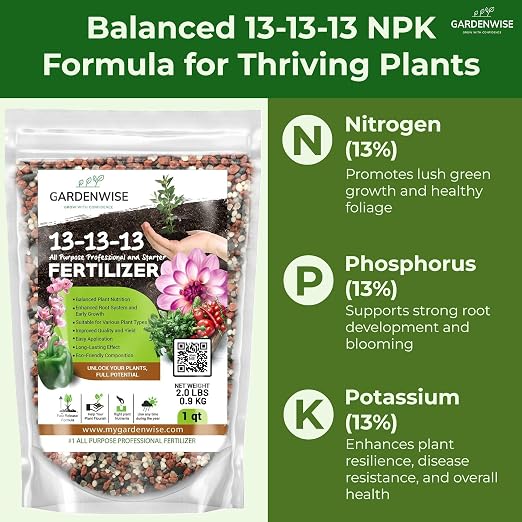 Gardenwise 13-13-13 Slow Release Granular Fertilizer – All Purpose Plant Food 13 13 13 for Outdoor Grass, Vegetables, Roses, Flowers, Shrubs, Trees. Lawns, Gardens, Potted Plants (5 quarts)