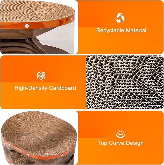 Homegroove Cat Scratcher Bed with Transparent Tunnel, 2-in-1 Cat Bed & Cardboard Scratcher for Indoor Cats, Multi-Level Cat Furniture with Curved Lounger and Play Tunnel (Wood, Regular)