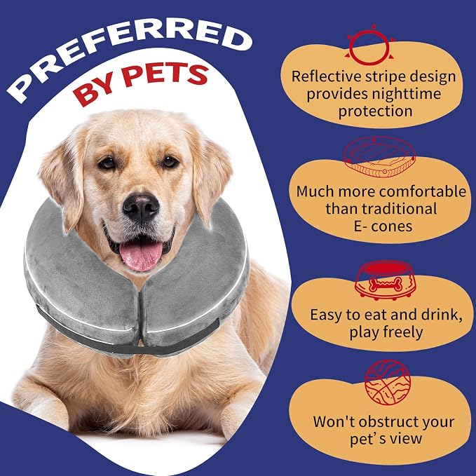Inflatable Reflective Dog Cone Collar Alternative After Surgery,Doggie Recovery Dount Neck Ecollar,Adjustable Soft Dog Cone Collar for Small Medium Large Dogs (Grey, XL)