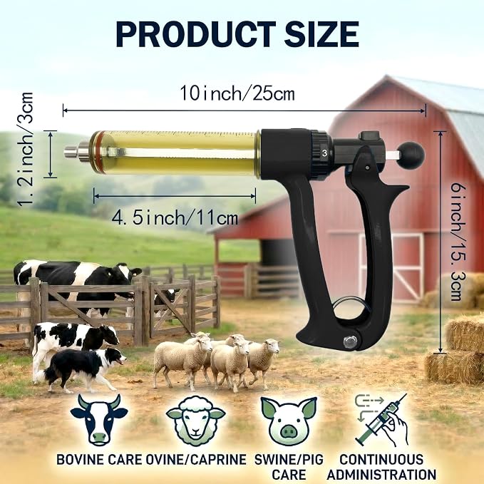 2-Pack 50mL Semi Automatic Livestock Syringe Adjustable Dosage Repeater Injector (1-5mL) with Luer Lock Tip for Cattle, Sheep, Goats & Pigs Continuous Injection Gun for Farm Herd, Black