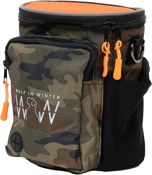 Quickdraw XL Dog Treat Pouch – Multipurpose Training Bag with Waste Bag Dispenser, Phone Pocket, Water Bottle Holders and 3-Way Strap – Durable and Reflective (Orange/Camo)
