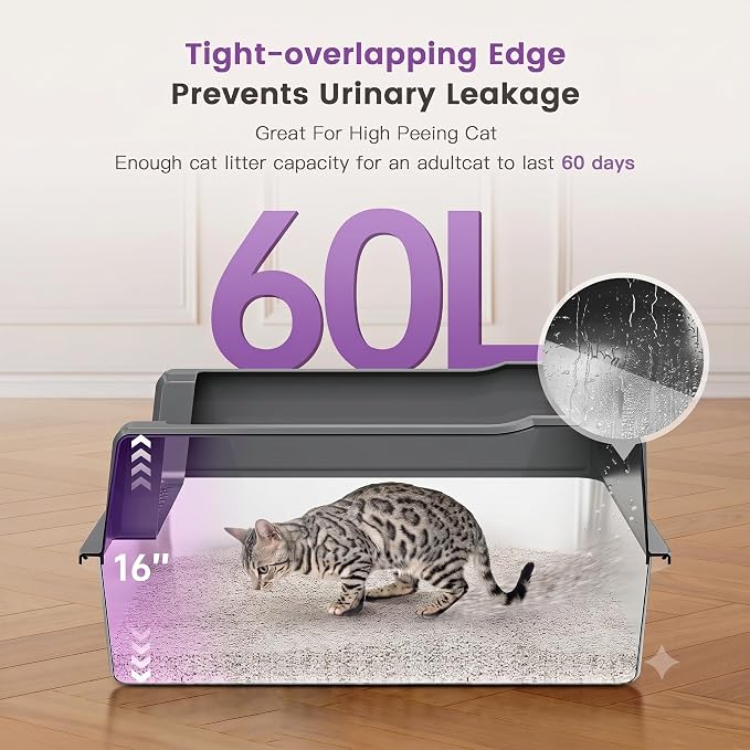 XXXXX+L Stainless Steel Cat Litter Box with Lid, 28" L x 20" W x 16" H Metal Litter Box with Hight Sides for Big Cats & Multiple Cats, Never Absorbs Odors, Anti-Urine Leakage, Easy Cleaning (Gray)