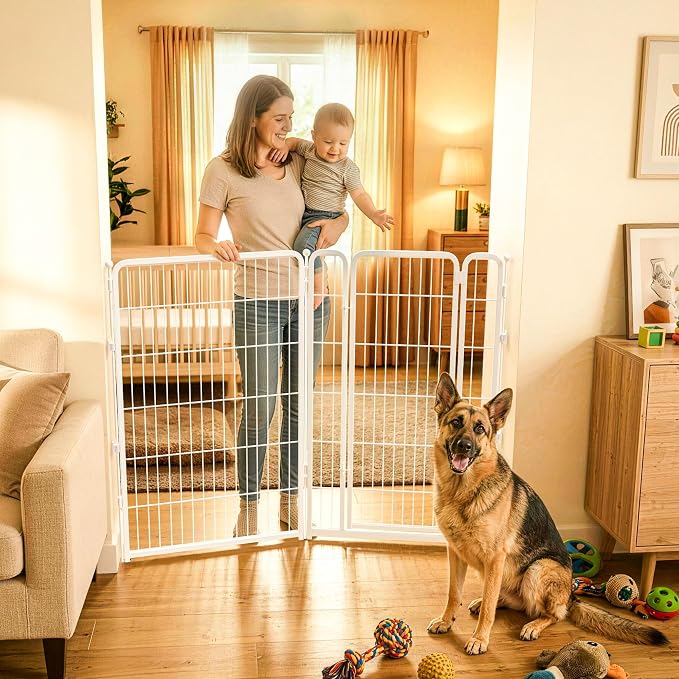 FXW Dog Gate Extra Wide Designed for Indoor Use, Adjustable Width Up to 55-inch Wide (45" H 2 Wire Panels for Large Dogs), White