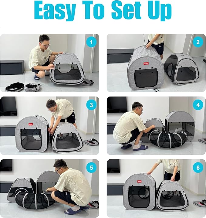 Portable 3-in-1 Cat Playpen, Outdoor Pop-up 2-Room Pet Playpen with Tunnel, Foldable Cat Dog Crate Play Enclosure with Separate Areas for Puppy Kitten and Small Animals Indoor Travel