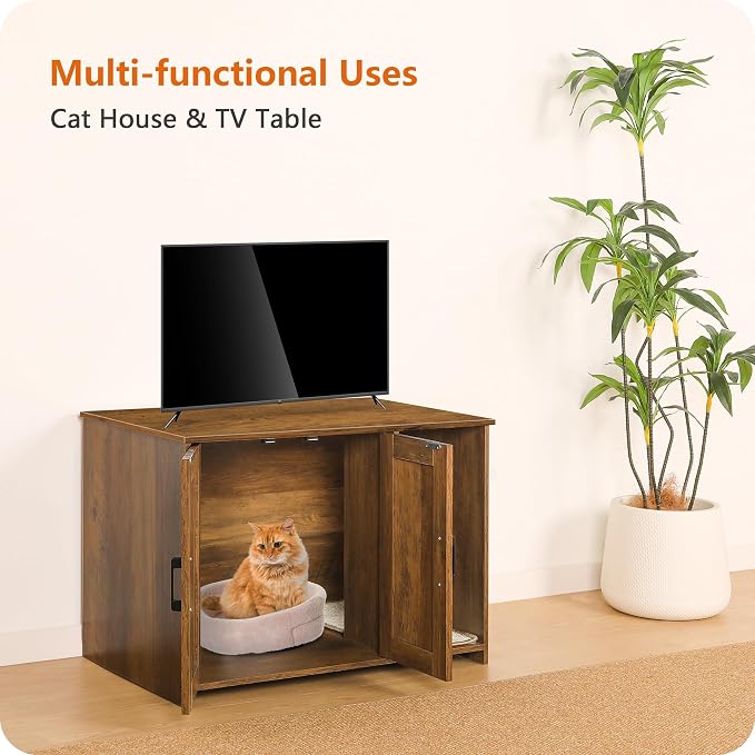 DWANTON Litter Box Enclosure, Cat Litter Box Furniture Hidden, with Scratching Mat, Wooden Cat Washroom Indoor, 31.5" L x 19.7" W x 21.7" H, Warm Brown