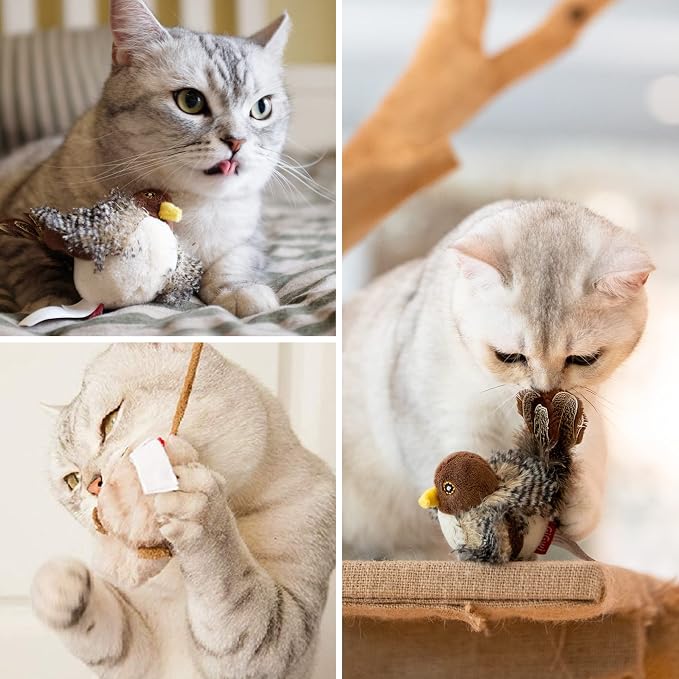 Gigwi Automatic Cat Toys Pack - Interactive Electronic Plush Toys with Bird/Cricket/Mouse Sounds for Indoor Cats to Play Alone and Squeak, 3 Pcs