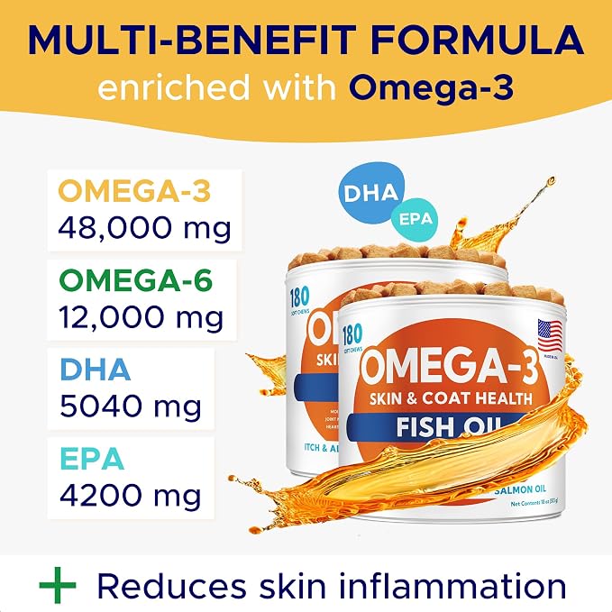 Omega 3 Alaskan Fish Oil Treats for Dogs (360 Ct) - Dry & Itchy Skin Relief + Allergy Support - Shiny Coats - EPA&DHA Fatty Acids - Natural Salmon Oil Chews - Hip & Joint Support - Salmon Flavor