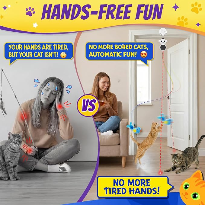 Interactive Cat Toys for Indoor Cats - 2 in 1 Automatic Cat Toy with Flying Bird，Smart Moving Wand Toy with 2 Modes, Doorway Hanging Toys Safe for Bored Kitten & Adult Cats