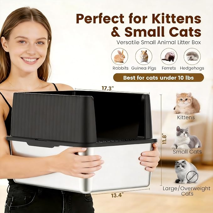 Stainless Steel Cat Litter Box, 11.8" High Sides for Litter Scatter & Urine Spray Control, Easy to Clean Non-Stick Litter Pan, Low Entry for Kittens, Small Cats, Compact Space-Saving Design
