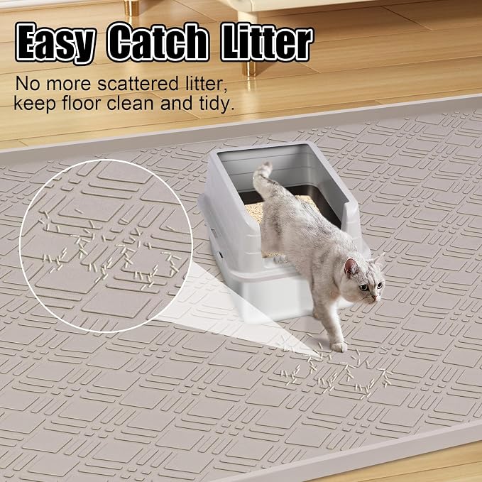 Silicone Cat Litter Mat, 42" x 29" Extra Large Litter Trapping Mat for Litter Box, Leak-Proof, Non-Slip, Kitty Litter Mats with Soft Texture for Floor, Keeping The Floor Clean (Khaki)