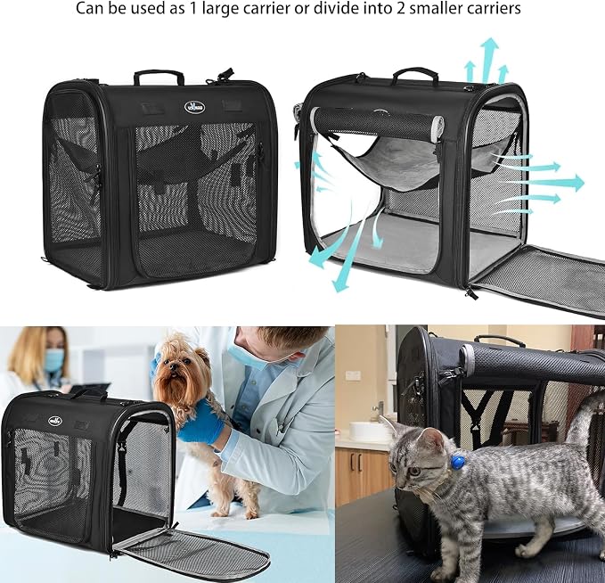 Wakytu 2-in-1 Pet Carrier for Cats & Dog, Travel Carrier for Camping | Extra-large fits 2 cats up to 25lbs each, includes 2 hammocks, carry bag, bowls & stakes. Car seatbelt pass-through