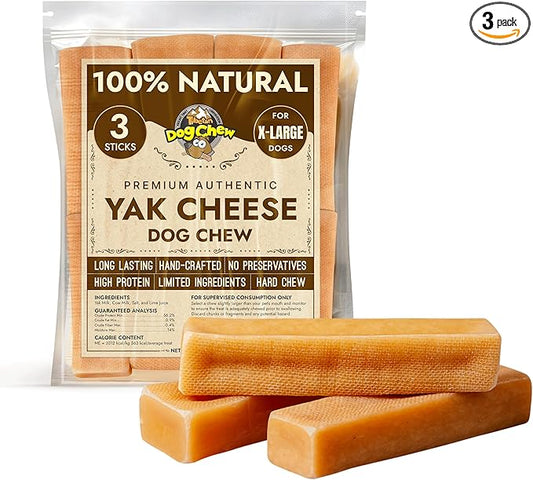 Tibetan Dog Chew Yak Cheese Sticks - Natural Treats for Extra Large Dogs, Long-Lasting, Easy Digest, Perfect for Aggressive Chewers, Grain and Gluten-Free, 3 Durable Chews