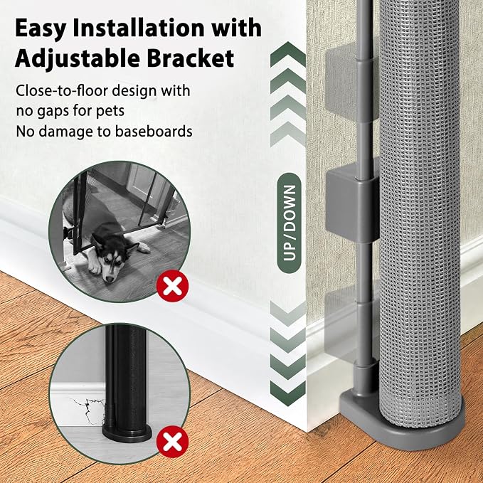KISKIZ 59 Inch Wide Retractable Gate, Reinforced Retractable Dog Gate with Support Rods to Prevent Crawling Through, 5 FT Retractable Baby Gate for Stairs, Doorways, Hallways, Indoor/Outdoor, Gray