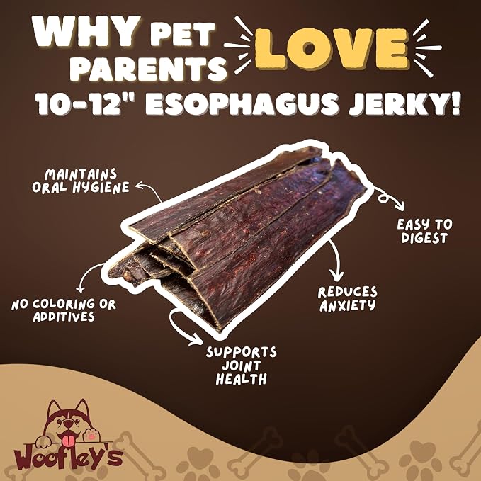 Woofley's - 10-12 Inch Esophagus Jerky (50 Count) - Gullet Sticks for Dogs - Safe Jerky Dog Chews -Easily Digestible Bully Sticks