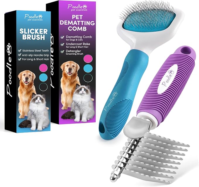 Poodle Pet Bundle - Dematting Fur Rake Comb Brush Tool with Steel Safety Blades for Detangling Matted or Knotted Undercoat Hair and Slicker Brush for Small and Large Dogs Pet Hair Remover