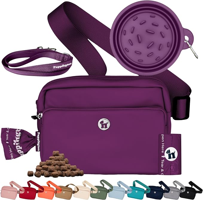 Puppington 3-in-1 Crossbody Dog Treat Pouch for Pet Training - Compostable Poop Bags, Built-In Poop Bag Dispenser, Slow-Feeding Travel Dog Bowl & Reflective Leash - Dog Walking Bag (Plum Wine)