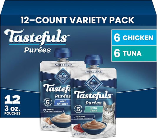 Blue Buffalo Tastefuls Beef Purées Natural Wet Cat Food Topper, Just 5 Ingredients Including Real Beef, All Life Stages, 3-oz. Resealable Pouches (12 Count)