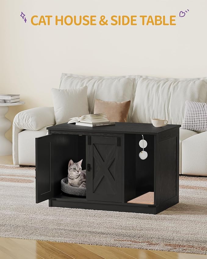 Hzuaneri Cat Litter Box Enclosure, Hidden Litter Box Cabinet Furniture with Bell, Indoor Cat House, Farmhouse Style, 31.5 x 19.7 x 20.9Inches, for Hallway, Bedroom, Black CB82404X
