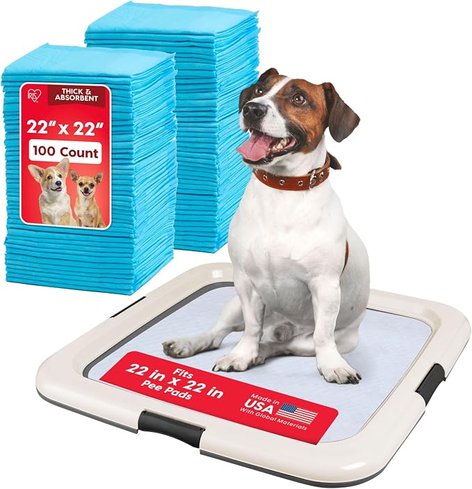 IRIS USA Pee Pad Holder + 100 Count Puppy Pee Pads for Puppy Training - Leak Proof, Quick Dry, 6-Layer Absorbent Design, Secured Latches, Non-Skid Feet, Fits 22"x22" Pads, Dark Gray
