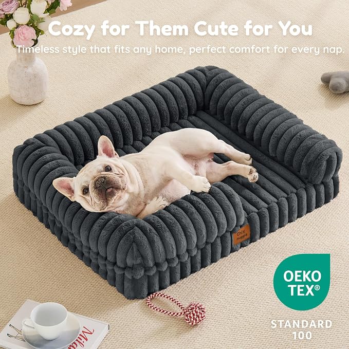 ChiXnuggle Rectangular Orthopedic Dog Bed for Medium Dogs, Waterproof Washable Faux Rabbit Fur Dog Couch with Egg Crate Foam Support, Bolster Pet Sofa with Non-Slip Bottom, 30x24x7, Dark Grey