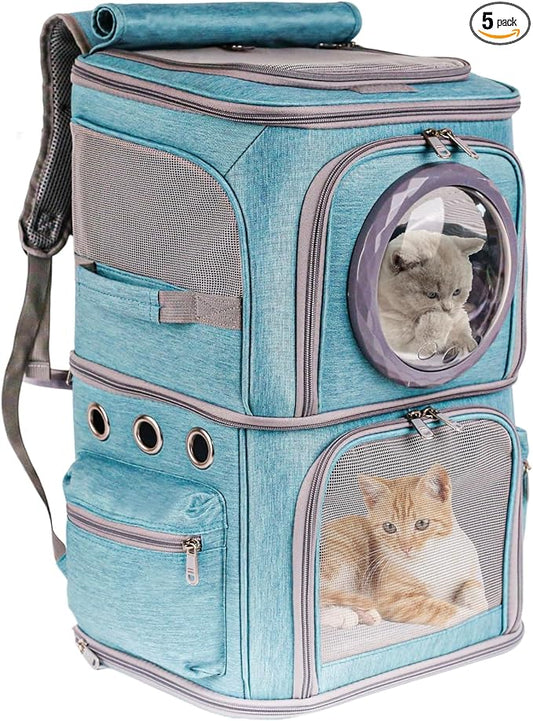 2-in-1 Pet Carrier Backpack for Two Cats or One Dog, Green Double-Layer 2 Compartment Carry Bag to Transport Small Animals Traveling and Hiking, Space Capsule Clear Bubble Dome