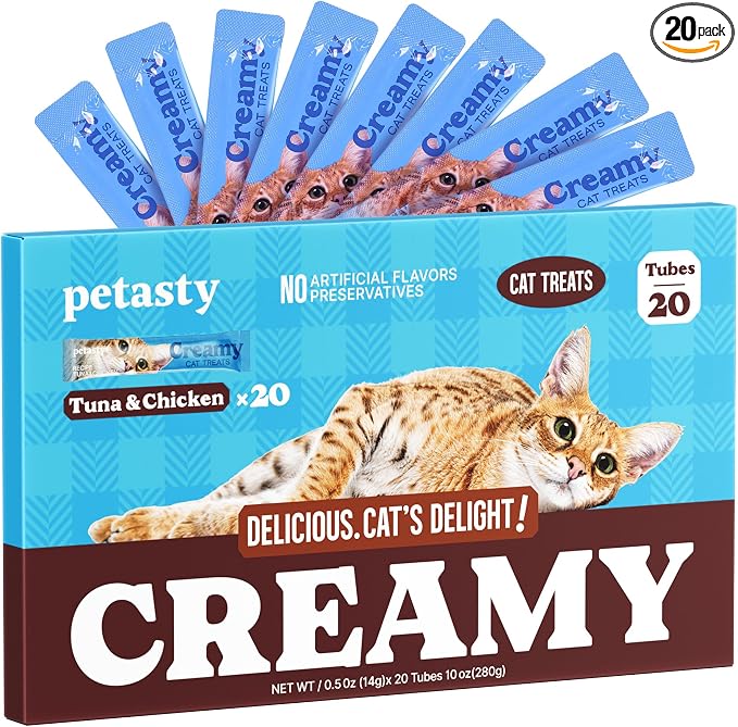 Lickable Cat Treats, High Moisture Hydrating Creamy Puree Squeeze Tubes, Tuna & Chicken, 20 Tubes 0.5oz, Grain-Free, Omega Oils & Vitamin E, Skin&Coat Health, Digestive and Immune Support