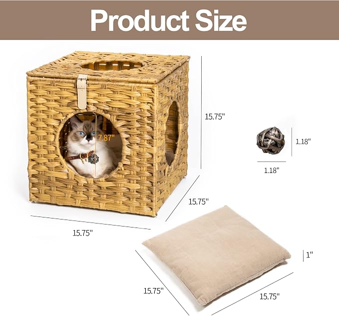 Mewoo Ratten Cat House Condo with Rattan Interactive Hanging Ball Toy *4 & Cotton Cushion, Enclosed Wicker Cat Bed, Wheat