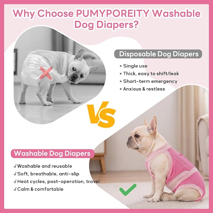 PUMYPOREITY French Bulldog Dog Diaper – Tailored for Short Back & Thick Waist, Reusable Machine Washable Dog Pants for Heat, Marking & Incontinence (Male & Female)