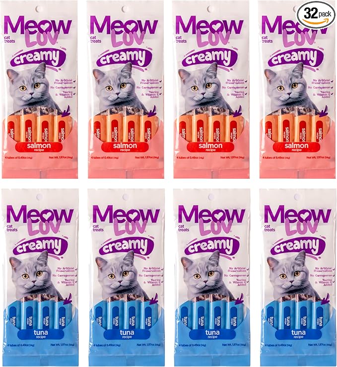 Meow Luv Lickable Cat Treats Variety Pack — Salmon & Tuna Squeeze Tubes — Carrageenan Free, No Artificial Preservatives — Prebiotic Fiber & L-Taurine — 0.5 oz Tubes, 10 Count (5 Salmon + 5 Tuna)