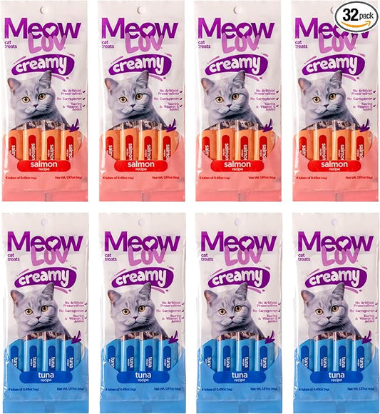 Meow Luv Lickable Cat Treats Variety Pack — Salmon & Tuna Squeeze Tubes — Carrageenan Free, No Artificial Preservatives — Prebiotic Fiber & L-Taurine — 0.5 oz Tubes, 10 Count (5 Salmon + 5 Tuna)