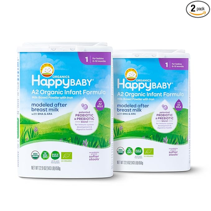 Happy Baby Organics A2 Stage 1 Infant Formula, 0-12 M, USDA Organic, Probiotics & Prebiotics, Iron & DHA, 22.9oz x2