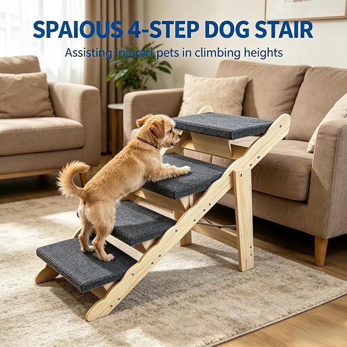 Wooden Dog Stairs, 2-in-1 Floded Flat Design Dog Steps for Beds Cars Couch, Anti-Slip Pet Ramp with 4 Steps, Indoor Pet Stairs for Small Medium Large Pet, up to 150 lbs