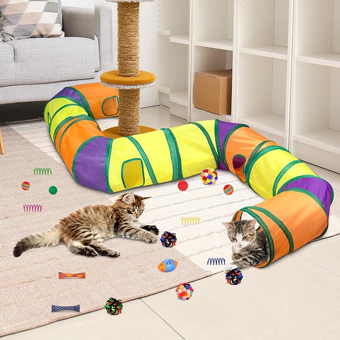 Retro Shaw Cat Toys Pack 25Pcs, Interactive Kitten Toys for Indoor Kittens Cats, Collapsible Kitty Play Tunnel Tent Feather Wand Balls Bell Springs Mouse Kitty Toys for All Breeds (4 Tunnel)