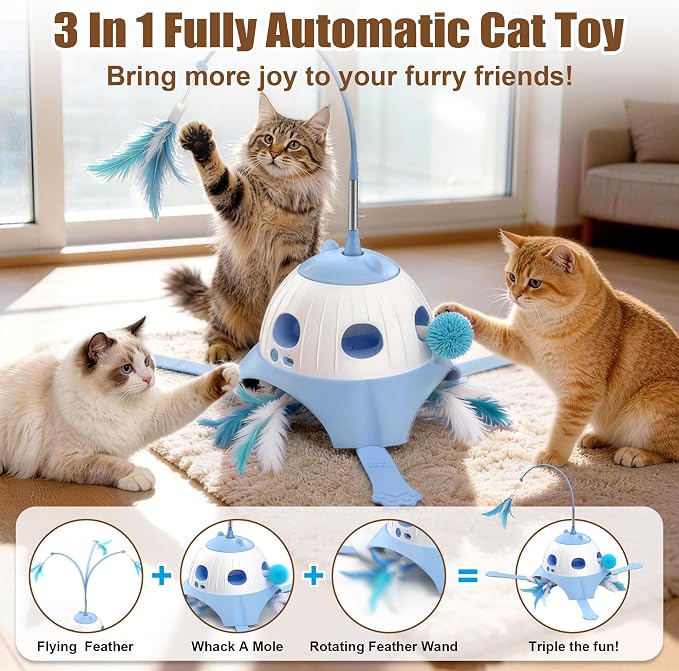 Casfuy 3-in-1 Interactive Cat Toy with Plush Tail, Whack-a-Mole & Rotating Feather Wand