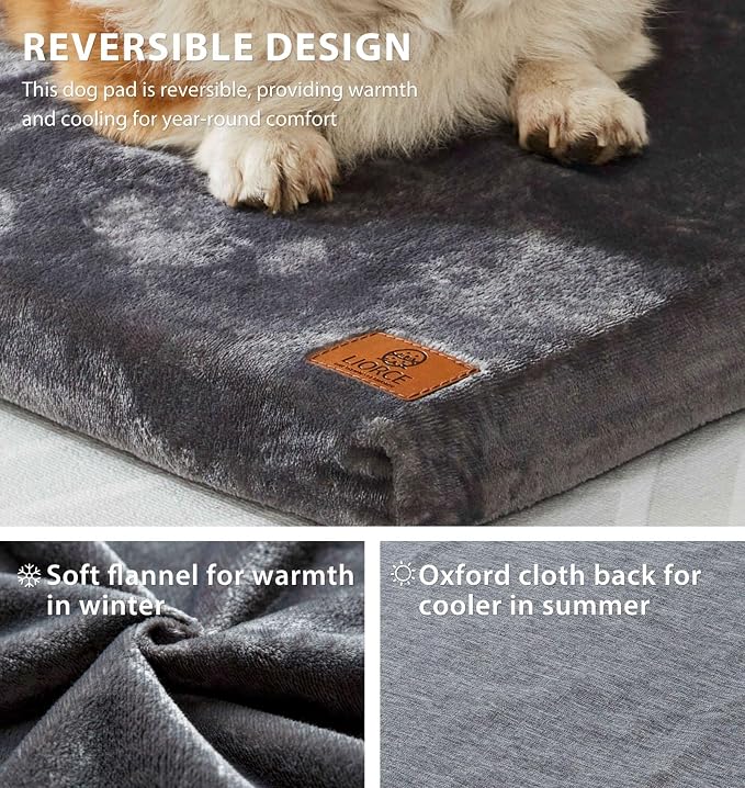 LIORCE Dog Crate Pad - Dog Bed Large Sized Dogs with Removable Washable Cover and Waterproof Lining - XL Memory Foam Pet Bed for Crate - Reversible Kennel Mat (Cool & Warm), 42-inch, Grey