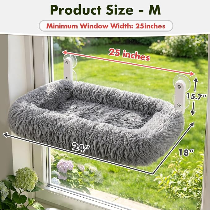 Zoratoo Cloud-Snuggle Cat Window Perch with 4-Sided Ultra-Thick & Fluffy Plush Cushion Bed, Foldable Cordless Cat Window Hammock for Window with Sturdy Metal Frame for Large Cats and Kittens (M, Gray)