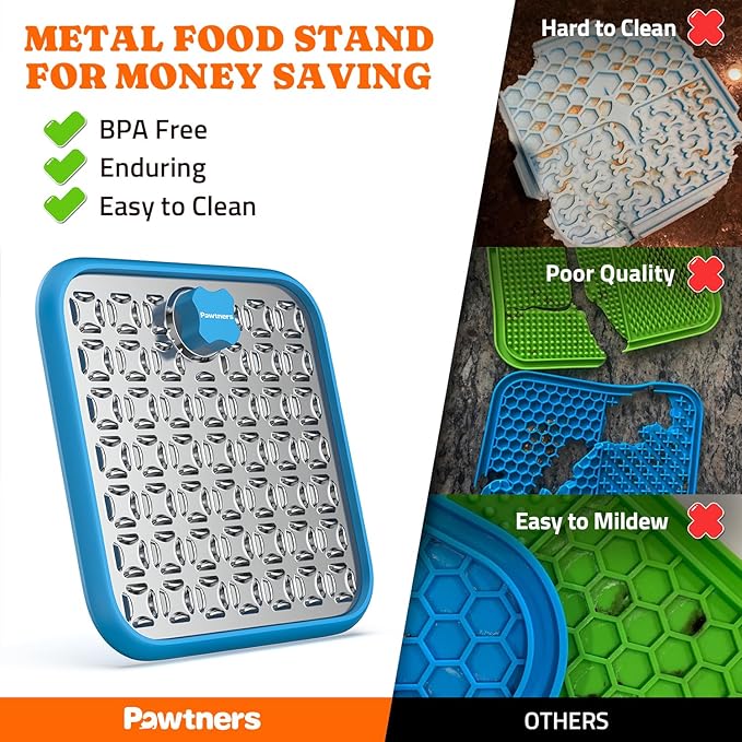 Pawtners Stainless Steel Lick Mat for Dogs & Cats, Chew Proof Dog Slow Feeder Mat for for Calm Feeding & Anxiety Relief, 2 Pack, Blue