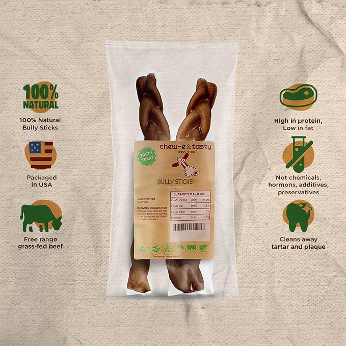 chew-e&tasty 12" Monster Braided Bully Sticks (Pack of 2) Odor Free Long Lasting Beef Chews- Made & Packaged at Food-Grade Facility High Protein Dental Treats for Very Aggressive Chewers