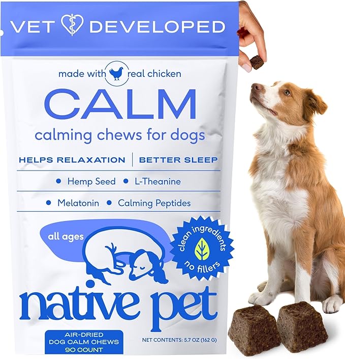 Native Pet Calming Chews for Dogs - Promotes Calming Effect, Supports Emotional Balance & Reduces Hyperactivity - Hemp Seed, Melatonin for Dogs, L-Theanine & Casein - Air-Dried 90 Chews