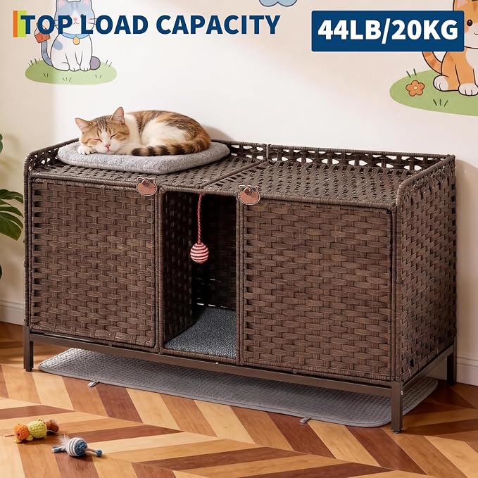 Cat Litter Box Enclosure Furniture, Handwoven Rattan Cat Houses, Hidden Cat Washroom Furniture with Door/Mat, Large Space Cat Houses with S-Shaped Hooks, Living Room, Bedroom, Brown
