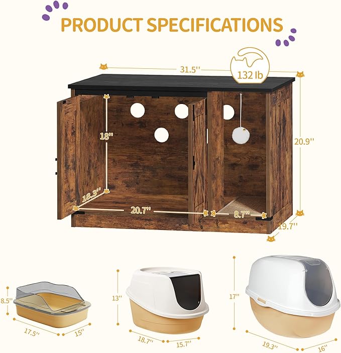 Hzuaneri Cat Litter Box Enclosure, Hidden Litter Box Cabinet Furniture with Bell, Indoor Cats House, Farmhouse Style, 31.5 x 19.7 x 20.9Inches, for Hallway, Bedroom, Rustic Brown and Black CB82401X