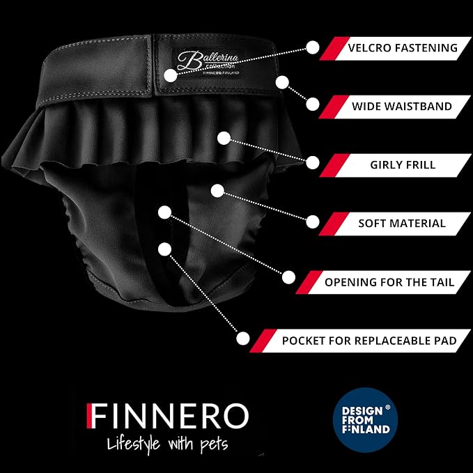 FINNERO Ballerina Dog Diaper – Washable, Reusable, Leak-Proof – Heat, Period & Urine Incontinence Protection – Comfortable, and Stylish Design – Adjustable Fit for Female Dogs – XXS, Black