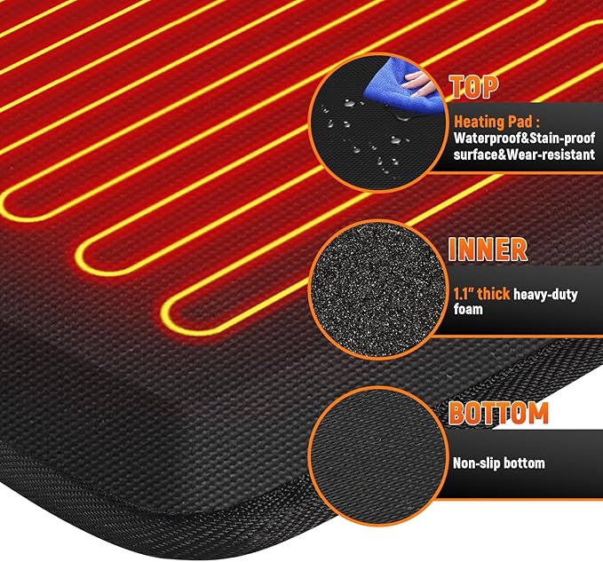 Heated Anti-Fatigue Floor Mat Under Desk - Heated Standing Mat Cushioned with Foot Warmer 17.7"x30",8 Levels Temp & 12H Timer, 1.2" Thick Comfort Foam Heating Pad for Kitchen,Office,Home,Durable