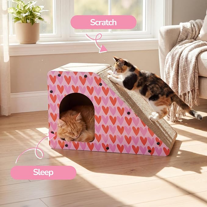 Kento 23.63" Modern Cardboard Cat Cave Scratcher with Catnip, Angled Trapezoid Hideaway House and Scratching Lounge for Indoor Cats, Heart Pattern CSR1008C